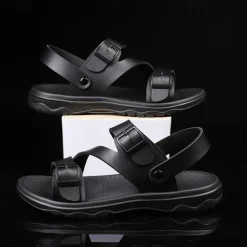 Men's Black Faux Leather Sandals with Buckle Straps, Comfortable Casual Footwear for Summer and Outdoor Activities