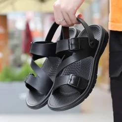 Men's Black Faux Leather Sandals with Buckle Straps, Comfortable Casual Footwear for Summer and Outdoor Activities