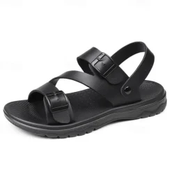 Men's Black Faux Leather Sandals with Buckle Straps, Comfortable Casual Footwear for Summer and Outdoor Activities