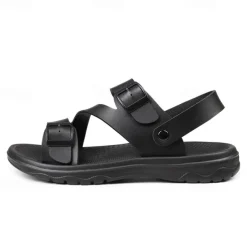 Men's Black Faux Leather Sandals with Buckle Straps, Comfortable Casual Footwear for Summer and Outdoor Activities