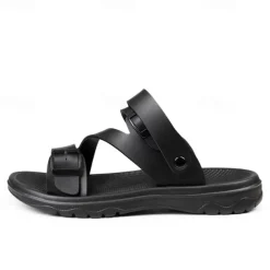 Men's Black Faux Leather Sandals with Buckle Straps, Comfortable Casual Footwear for Summer and Outdoor Activities