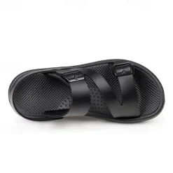 Men's Black Faux Leather Sandals with Buckle Straps, Comfortable Casual Footwear for Summer and Outdoor Activities