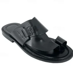 Men's Black Faux Leather Toe Loop Sandals with Buckle Detail - Comfortable and Stylish for Casual Wear