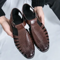 Men's Black Faux Leather T-Strap Sandals with Buckle Closure – Stylish Perforated Design for Summer, Outdoor Activities and Casual Wear