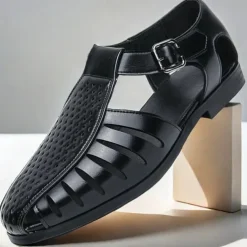 Men's Black Faux Leather T-Strap Sandals with Buckle Closure – Stylish Perforated Design for Summer, Outdoor Activities and Casual Wear