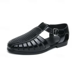 Men's Black Faux Leather T-Strap Sandals with Buckle Closure – Stylish Perforated Design for Summer, Outdoor Activities and Casual Wear