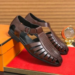 Men's Black Faux Leather T-Strap Sandals with Buckle Closure – Stylish Perforated Design for Summer, Outdoor Activities and Casual Wear