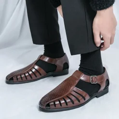 Men's Black Faux Leather T-Strap Sandals with Buckle Closure – Stylish Perforated Design for Summer, Outdoor Activities and Casual Wear