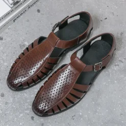 Men's Black Faux Leather T-Strap Sandals with Buckle Closure – Stylish Perforated Design for Summer, Outdoor Activities and Casual Wear