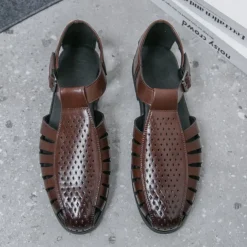 Men's Black Faux Leather T-Strap Sandals with Buckle Closure – Stylish Perforated Design for Summer, Outdoor Activities and Casual Wear