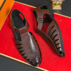 Men's Black Faux Leather T-Strap Sandals with Buckle Closure – Stylish Perforated Design for Summer, Outdoor Activities and Casual Wear