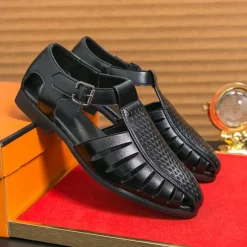 Men's Black Faux Leather T-Strap Sandals with Buckle Closure – Stylish Perforated Design for Summer, Outdoor Activities and Casual Wear