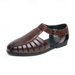 Men's Black Faux Leather T-Strap Sandals with Buckle Closure – Stylish Perforated Design for Summer, Outdoor Activities and Casual Wear