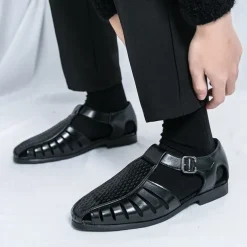 Men's Black Faux Leather T-Strap Sandals with Buckle Closure – Stylish Perforated Design for Summer, Outdoor Activities and Casual Wear