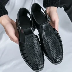 Men's Black Faux Leather T-Strap Sandals with Buckle Closure – Stylish Perforated Design for Summer, Outdoor Activities and Casual Wear