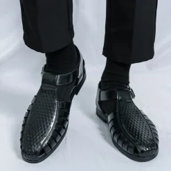 Men's Black Faux Leather T-Strap Sandals with Buckle Closure – Stylish Perforated Design for Summer, Outdoor Activities and Casual Wear