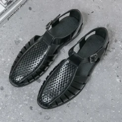 Men's Black Faux Leather T-Strap Sandals with Buckle Closure – Stylish Perforated Design for Summer, Outdoor Activities and Casual Wear