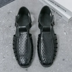 Men's Black Faux Leather T-Strap Sandals with Buckle Closure – Stylish Perforated Design for Summer, Outdoor Activities and Casual Wear