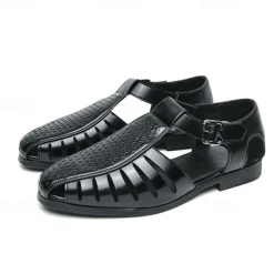 Men's Black Faux Leather T-Strap Sandals with Buckle Closure – Stylish Perforated Design for Summer, Outdoor Activities and Casual Wear
