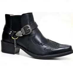 Men's Black Faux Leather Western Motorcycle Boots with Buckle Strap and Embroidered Detailing - Ankle Boots for Biker and Casual Wear