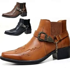 Men's Black Faux Leather Western Motorcycle Boots with Buckle Strap and Embroidered Detailing - Ankle Boots for Biker and Casual Wear