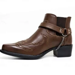 Men's Black Faux Leather Western Motorcycle Boots with Buckle Strap and Embroidered Detailing - Ankle Boots for Biker and Casual Wear