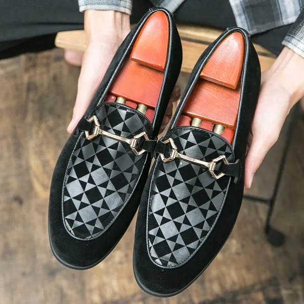 Men's Black Faux Suede Loafers with Geometric Pattern and Metal Buckle – Stylish Slip-On Dress Shoes for Formal Events and Parties