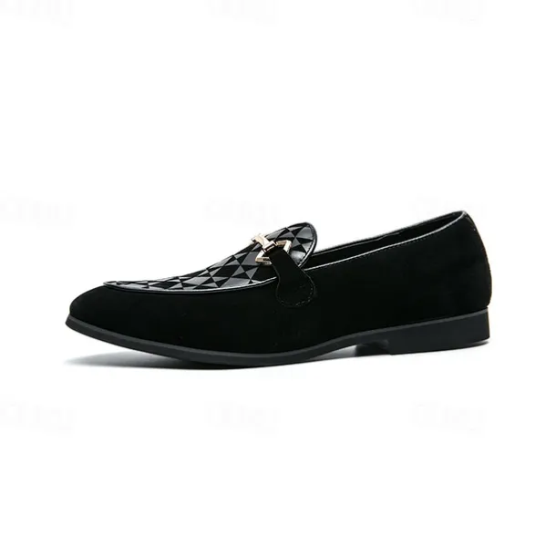 Men's Black Faux Suede Loafers with Geometric Pattern and Metal Buckle – Stylish Slip-On Dress Shoes for Formal Events and Parties