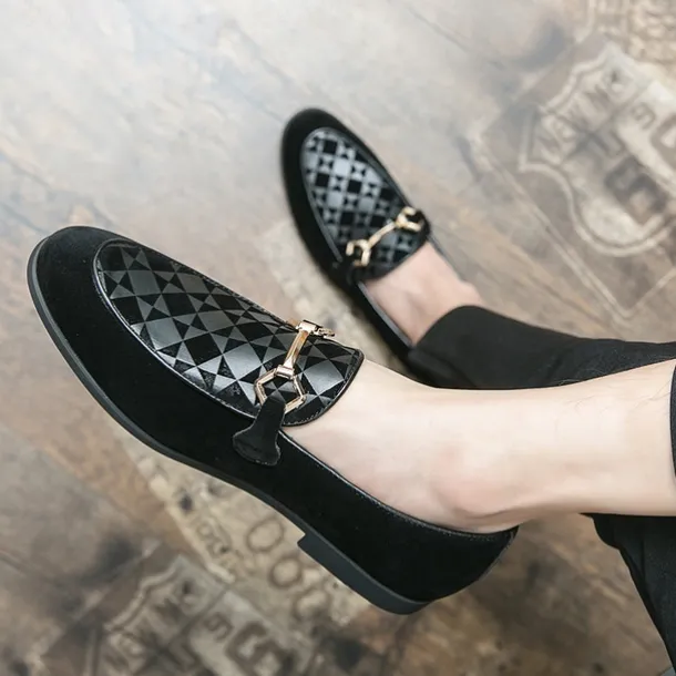 Men's Black Faux Suede Loafers with Geometric Pattern and Metal Buckle – Stylish Slip-On Dress Shoes for Formal Events and Parties