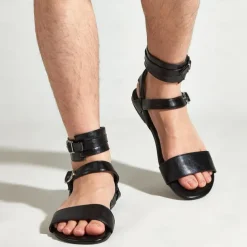 Men's Black Gladiator Sandals – Faux Leather Ankle Strap Flat Sandals with Buckle Closure for Summer Fashion, Beachwear, and Festivals