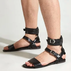 Men's Black Gladiator Sandals – Faux Leather Ankle Strap Flat Sandals with Buckle Closure for Summer Fashion, Beachwear, and Festivals