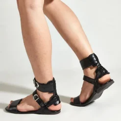 Men's Black Gladiator Sandals – Faux Leather Ankle Strap Flat Sandals with Buckle Closure for Summer Fashion, Beachwear, and Festivals