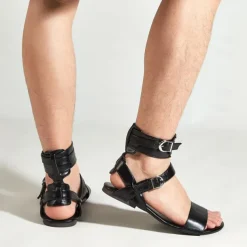 Men's Black Gladiator Sandals – Faux Leather Ankle Strap Flat Sandals with Buckle Closure for Summer Fashion, Beachwear, and Festivals