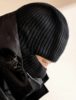 Men's Black Knitted Beanie with Removable Balaclava - Warm and Versatile Winter Hat for Outdoor Activities and Sports