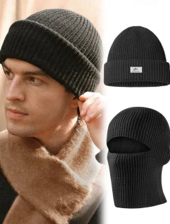 Men's Black Knitted Beanie with Removable Balaclava - Warm and Versatile Winter Hat for Outdoor Activities and Sports
