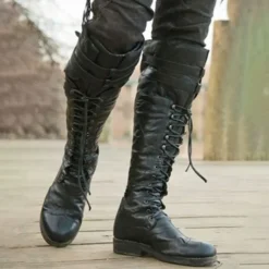 Men's Black Lace-Up Knee-High Boots with Buckle Straps – Vintage-Style Military Combat Boots for Outdoor and Casual Wear