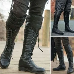 Men's Black Lace-Up Knee-High Boots with Buckle Straps – Vintage-Style Military Combat Boots for Outdoor and Casual Wear