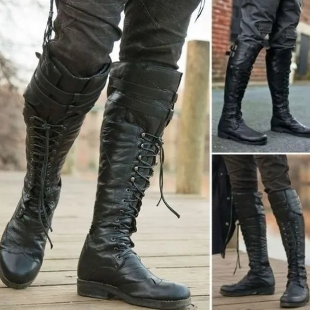 Men's Black Lace-Up Knee-High Boots with Buckle Straps – Vintage-Style Military Combat Boots for Outdoor and Casual Wear