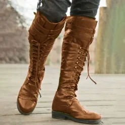 Men's Black Lace-Up Knee-High Boots with Buckle Straps – Vintage-Style Military Combat Boots for Outdoor and Casual Wear