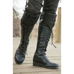 Men's Black Lace-Up Knee-High Boots with Buckle Straps – Vintage-Style Military Combat Boots for Outdoor and Casual Wear