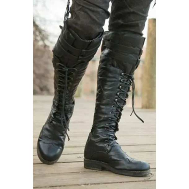 Men's Black Lace-Up Knee-High Boots with Buckle Straps – Vintage-Style Military Combat Boots for Outdoor and Casual Wear