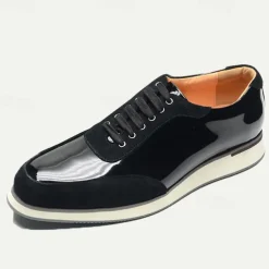 Men's Black Lace-Up Shoes in Patent Leather and Suede with White Sole – Premium Cowhide Dress Shoes for Stylish Casual and Formal Wear
