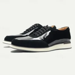 Men's Black Lace-Up Shoes in Patent Leather and Suede with White Sole – Premium Cowhide Dress Shoes for Stylish Casual and Formal Wear
