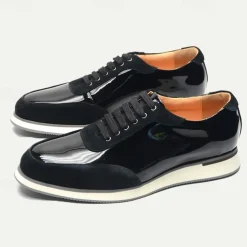 Men's Black Lace-Up Shoes in Patent Leather and Suede with White Sole – Premium Cowhide Dress Shoes for Stylish Casual and Formal Wear