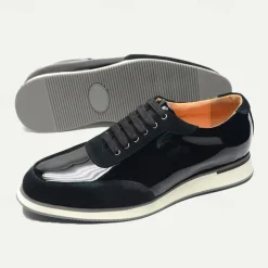 Men's Black Lace-Up Shoes in Patent Leather and Suede with White Sole – Premium Cowhide Dress Shoes for Stylish Casual and Formal Wear