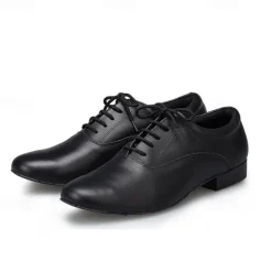 Men's Black Leather Ballroom Dance Shoes – Lace-Up Latin Tango Performance Shoes with Suede Sole for Professionals and Beginners