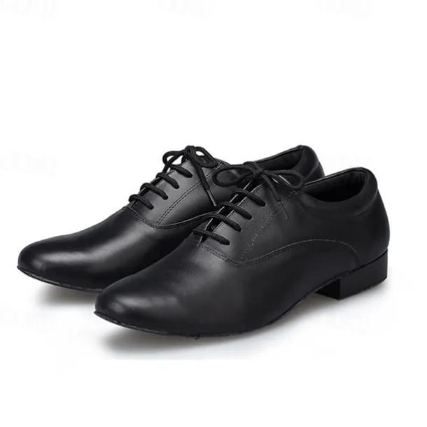 Men's Black Leather Ballroom Dance Shoes – Lace-Up Latin Tango Performance Shoes with Suede Sole for Professionals and Beginners