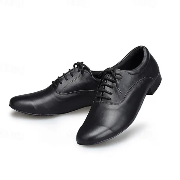 Men's Black Leather Ballroom Dance Shoes – Lace-Up Latin Tango Performance Shoes with Suede Sole for Professionals and Beginners