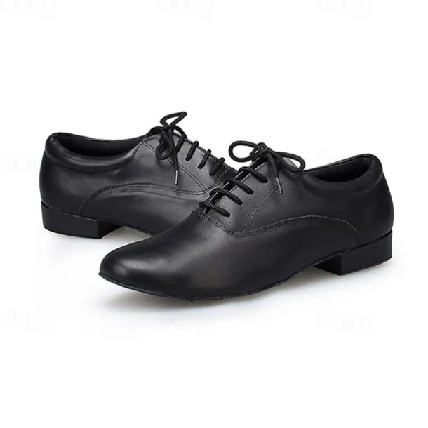Men's Black Leather Ballroom Dance Shoes – Lace-Up Latin Tango Performance Shoes with Suede Sole for Professionals and Beginners