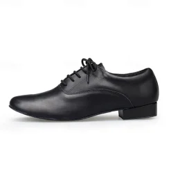 Men's Black Leather Ballroom Dance Shoes – Lace-Up Latin Tango Performance Shoes with Suede Sole for Professionals and Beginners
